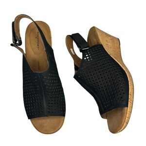 Rockport Briah Perforated Black Leather Slingback peep toe Wedge Sandals 8.5